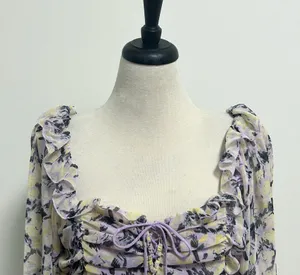 Free People Mabel Lilac Combo Purple Yellow Floral Sheer Puff Sleeve Top Large thumbnail 2