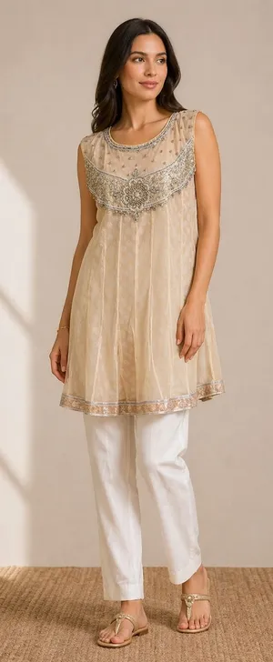Handmade India Beaded Mesh Tunic Dress Champagne Gold Silver Embellished L/XL *Runs Small thumbnail 1