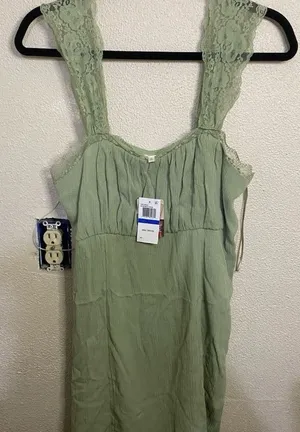 NWT Women’s Sage Green Mini Dress Lace Strap Boho Sundress thumbnail 1