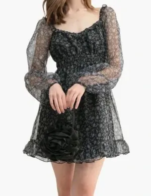 All in Favor Organza Long Sleeve Lined Puff Sleeve Ruffle Mini Dress Floral XS thumbnail 1