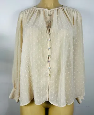 Zara Clip Dot Chiffon Top Sz M Long Sleeves Loose Cream Metallic thumbnail 1