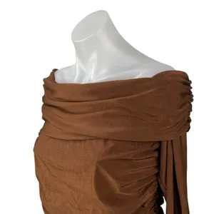 NEW Lulus Brown Ruched Draped Off the Shoulder Long Sleeve Mini Bodycon Dress XL thumbnail 2
