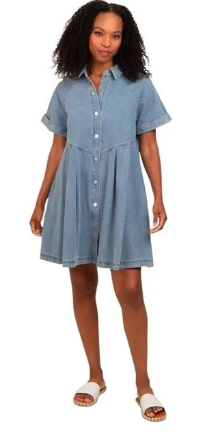 Entro Denim Dress Sz S Button Down Mini Blue Cotton Babydoll Pocket NWT thumbnail 1