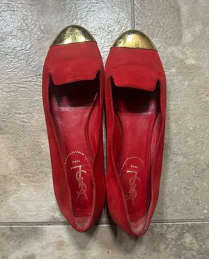 Yves Saint Laurent Red Suede Flats with Gold Toe Caps size 40/10US. thumbnail 3