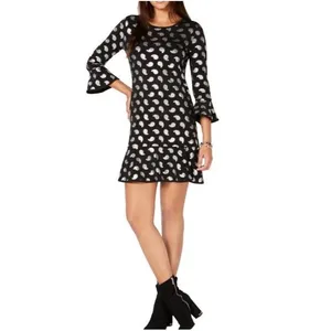 MICHAEL KORS Black/Silver Foil Paisley Flounce Shift Dress Bell Sleeves Size S thumbnail 2