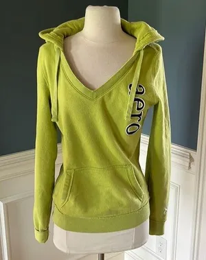 Retro Aeropostale Hoodie Lime Green Pullover Sweatshirt Womens Medium thumbnail 1