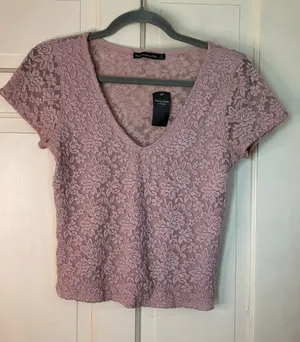 Abercrombie And Fitch Top Size Small Pink Floral Lace V-Neck Short Sleeve New thumbnail 1