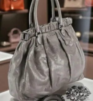 Miu Miu Grey Glaze Leather Gathered Tote Shopping Tote with Detachable Straps thumbnail 1