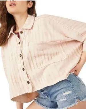 Free People Montauk High/Low Button-Up Shirt Jacket Shacket Tea Combo NWT Size L thumbnail 1