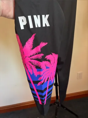 PINK Victoria's Secret Black Leggings with Pink Palm and Blue Stripe thumbnail 3
