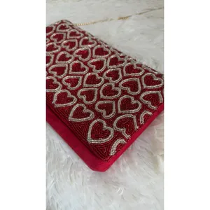 Francesca Red Beaded Heart Clutch Evening Bag Gold Chain Shoulder Strap NWT thumbnail 2