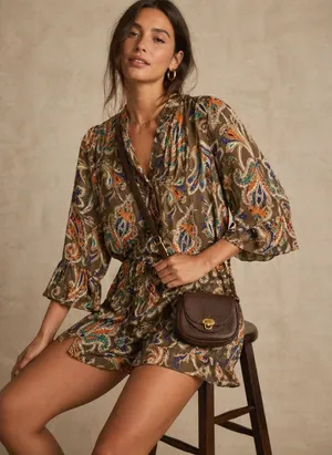 Tibi 100%‎ Silk Paisley Mini Dress Women 4 Brown Orange Ruffle Sleeve Boho Y2k thumbnail 1