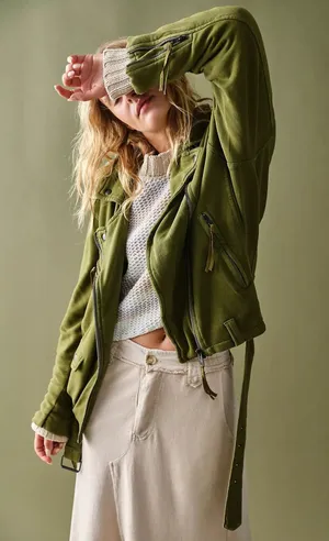 Free People XL Rebel Knit Moto Jacket olive green Utility Slouchy Sweatshirt thumbnail 1