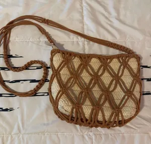 Universal Threads Woven Straw Crossbody Bag with Brown Macramé Overlay thumbnail 1