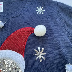Holiday Time Snowman Sequin Ugly Christmas Sweater Womens 2X 20 Navy‎ White Poms thumbnail 10