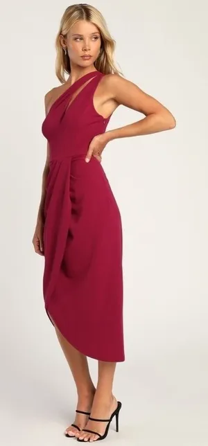Lulus Burgundy So Flirty One Shoulder Cutout Asymmetrical Dress NWT thumbnail 1