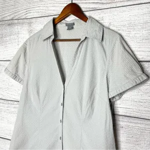 Ann Taylor Gray & White Cotton Seersucker Button-Up Career Blouse Top Size 14 thumbnail 3
