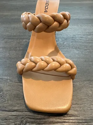 SODA 11 Neutral Camel/Tan Braided Double-Strap Square Toe‎ Heels thumbnail 2