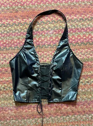 Nwot Vegan Leather Lace Up Halter Crop Top thumbnail 1