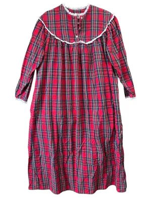 BellePointe Long Nightgown Plaid‎ Flannel Medium Christmas Eyelet Trim Vintage thumbnail 1