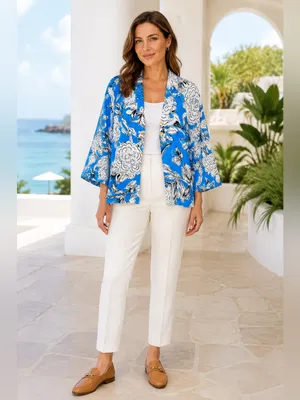 ZARA Blue White Floral Linen Blend Blouse Top NWT XL Oversized Kimono Sleeve thumbnail 16