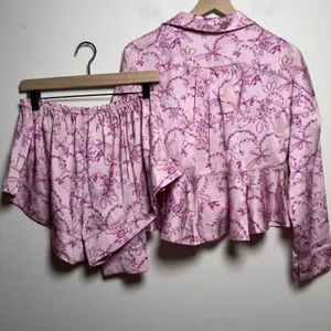 Free People Women PJ Set M Pink Beauty Sleep‎ Blushing Combo Bow Floral Peplum thumbnail 10