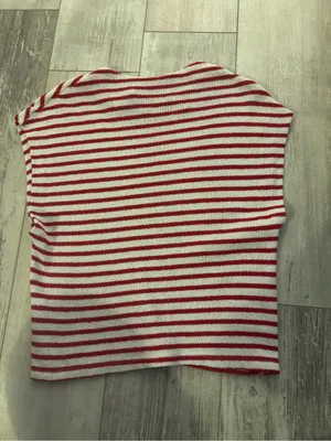 Zara Red and White Striped Knit Top with Side Button Panels thumbnail 3