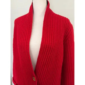 Vintage L.L. BEAN 80s Dark Red 100% Shetland Wool Chunky Cardigan Sweater Size M thumbnail 2