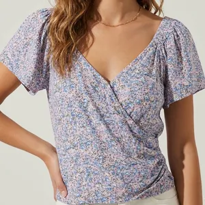 Revolve ASTR the Label Flutter Sleeve Pink and Blue Floral Wrap Blouse women’s medium thumbnail 1