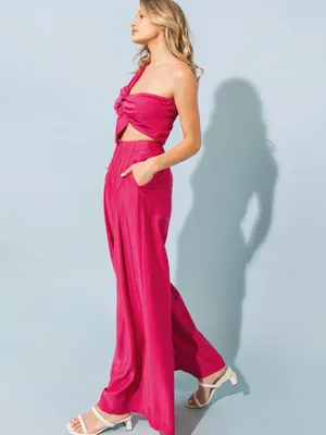 Flying Tomato Fuschia Pink Twisted Crop Top High Rise Wide-Leg Pant Set Sz S & M thumbnail 3