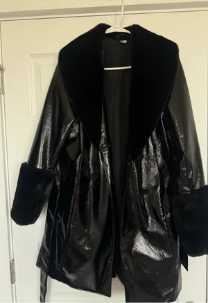 RARE H&M Black vinyl faux fur trim coat thumbnail 1