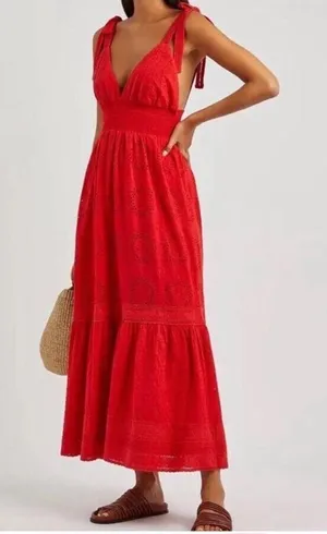 Alice + Olivia Levine Smocked Eyelet Maxi Dress in Bright Poppy Red thumbnail 1