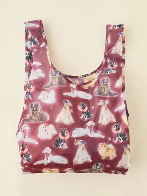 BAGGU Standard Reusable Tote Fancy Dogs Print Burgundy and Puppies NWT! thumbnail 1