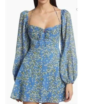 NEW Blue ASTR The Label Vivian Floral Smocked Mini Dress L $110 thumbnail 1
