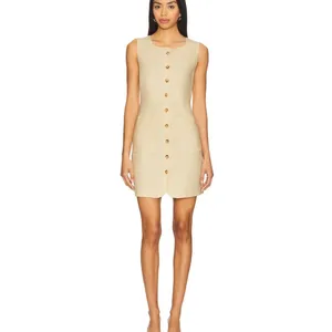 Sleeveless Button-Front Linen Blend Mini Dress in Beige thumbnail 2