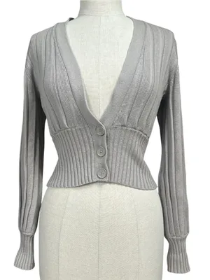 Aritzia Wilfred Plunge Front Cropped Merino Wool Cardigan in Gray Size Small thumbnail 2