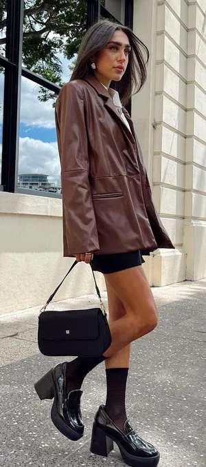 Princess Polly Chocolate Brown Faux Leather Blazer thumbnail 1