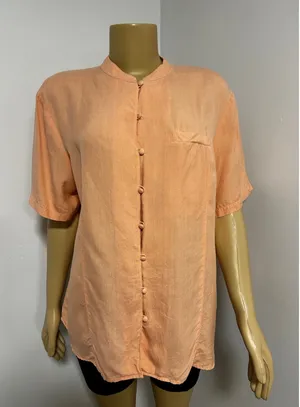 Anna and Frank Womens XL Peach 100% Silk Short Sleeve Mandarin Collar Blouse thumbnail 1