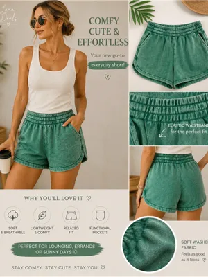 Zenana Acid-wash dolphin shorts elastic waistband Women’s Forest Green Sz Small thumbnail 2