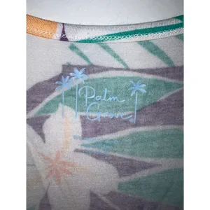 Palm Grove Wm M Cold Shoulder Tropical Floral Top Purple Green 3/4 Sleeve Resort thumbnail 2