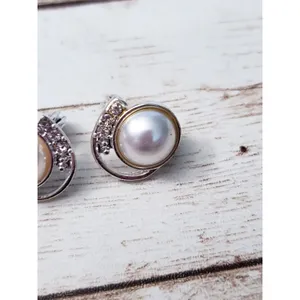 Vintage TJG Clip On Earrings - 5/8" Faux Pearl with Clear Gems Swirl thumbnail 7