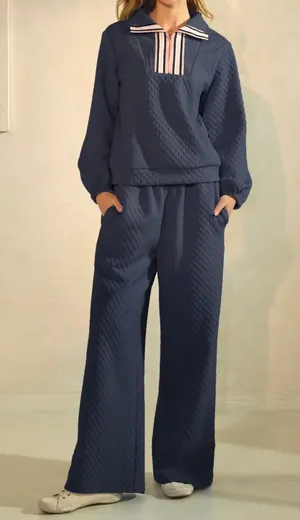 Oddy Textured Quarter Zip Pullover and Wide Leg Pants Matching Loungewear Set Navy / Midnight Blue thumbnail 1