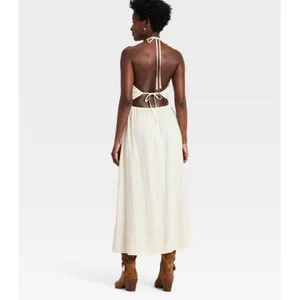 A New Day White Halter Backless Maxi Dress with Crochet Lace Detail, Size L thumbnail 2