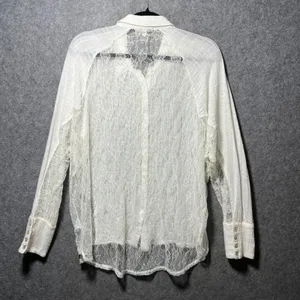 Hem &‎ Thread Ivory Lace Panel Gauze Button Down Shirt Large Boho Romantic Sheer thumbnail 8