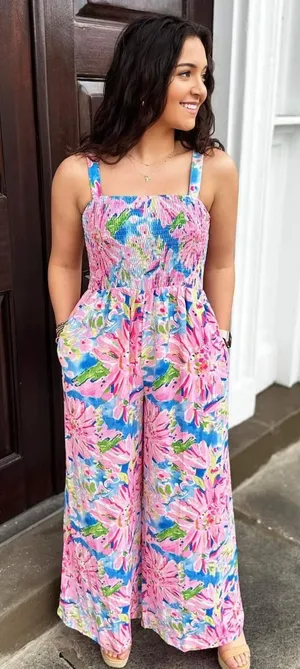 Smocked Floral Wide-Leg Jumpsuit in Pink & Blue thumbnail 1