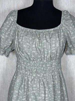 Iris Sage Green Floral Linen Blend Mini Dress L Puff Sleeve Cinched Waist Cottagecore thumbnail 4