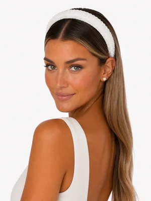 White Faceted Beaded Padded Headband Bridal Coquette Wedding Hair Accessory thumbnail 1