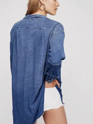 We The Free Oversized Blue 100% Cotton Love This Henley Top - Size - Small thumbnail 2