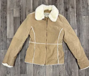 Vintage New York Classics leather fur Borg collared jacket coat Tan Size M thumbnail 1