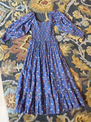 Oliphant Blue Floral Maxi‎ Dress with Puff Sleeves Size Medium thumbnail 1